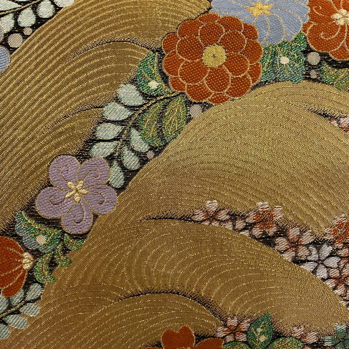 【美品】 袋帶 秀品級 草花紋紋 波 金金箔 金色 六通 純蠶絲