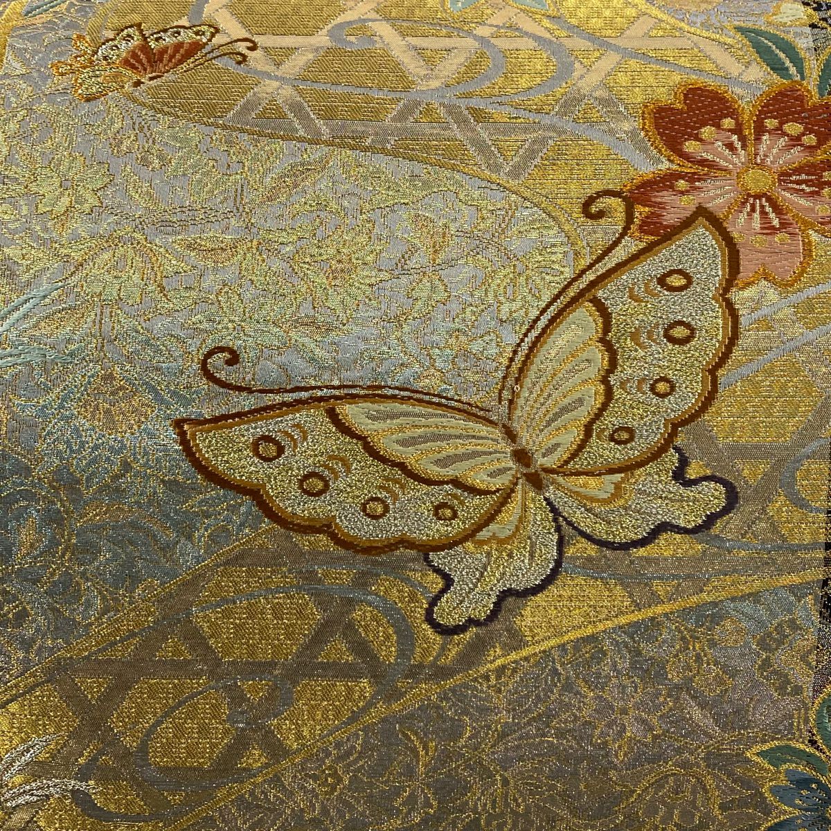 【美品】 袋帶 秀品級 蝴蝶 櫻花 金金箔 唐織 灰色 六通 純蠶絲