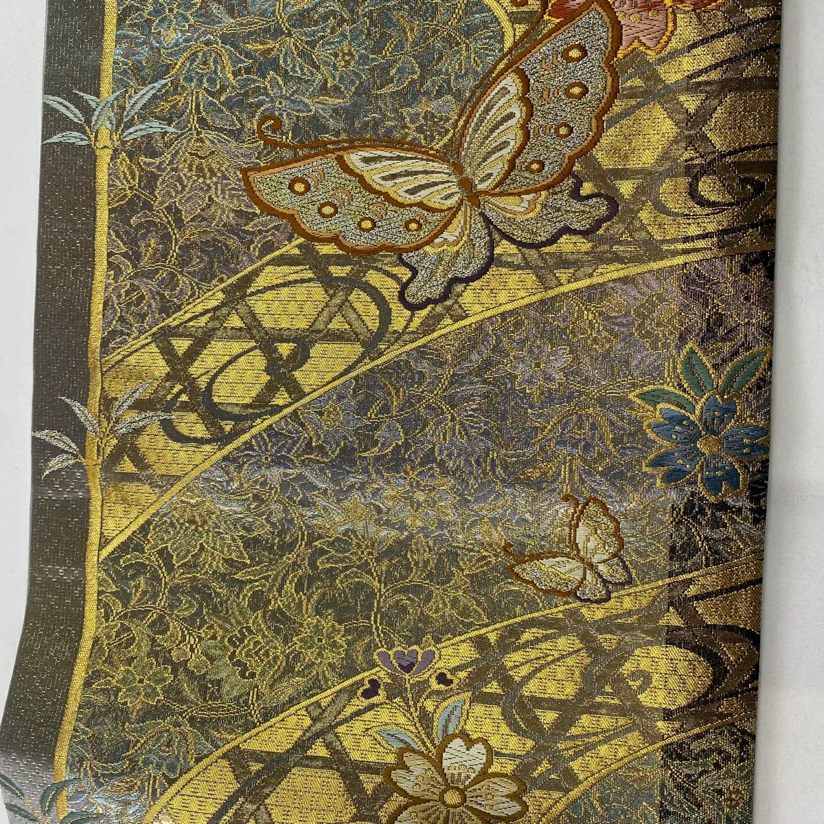 【美品】 袋帶 秀品級 蝴蝶 櫻花 金金箔 唐織 灰色 六通 純蠶絲