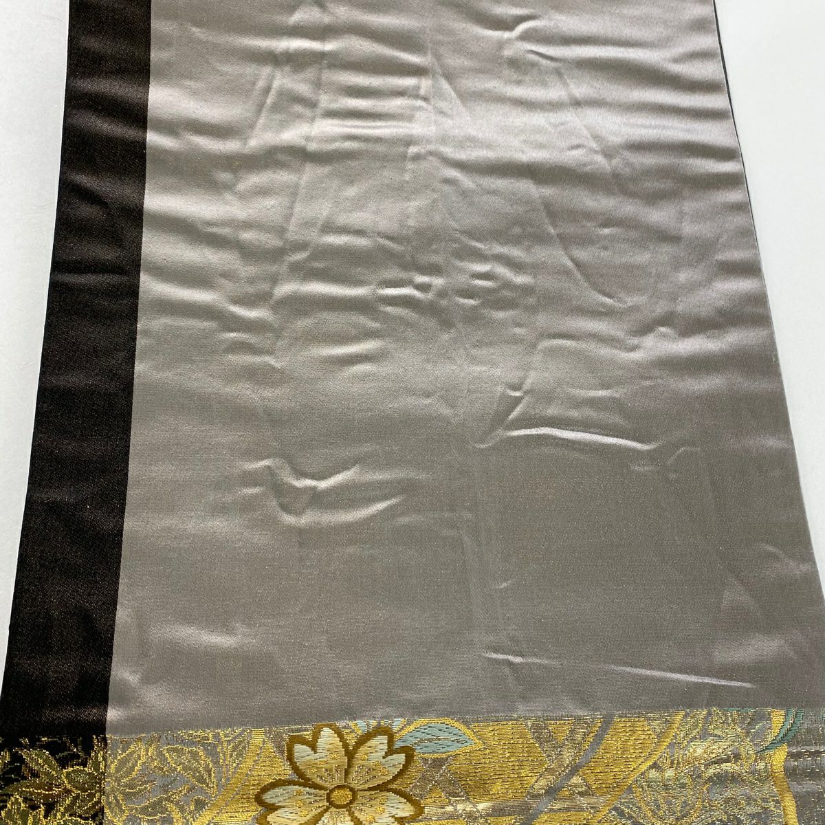 【美品】 袋帶 秀品級 蝴蝶 櫻花 金金箔 唐織 灰色 六通 純蠶絲