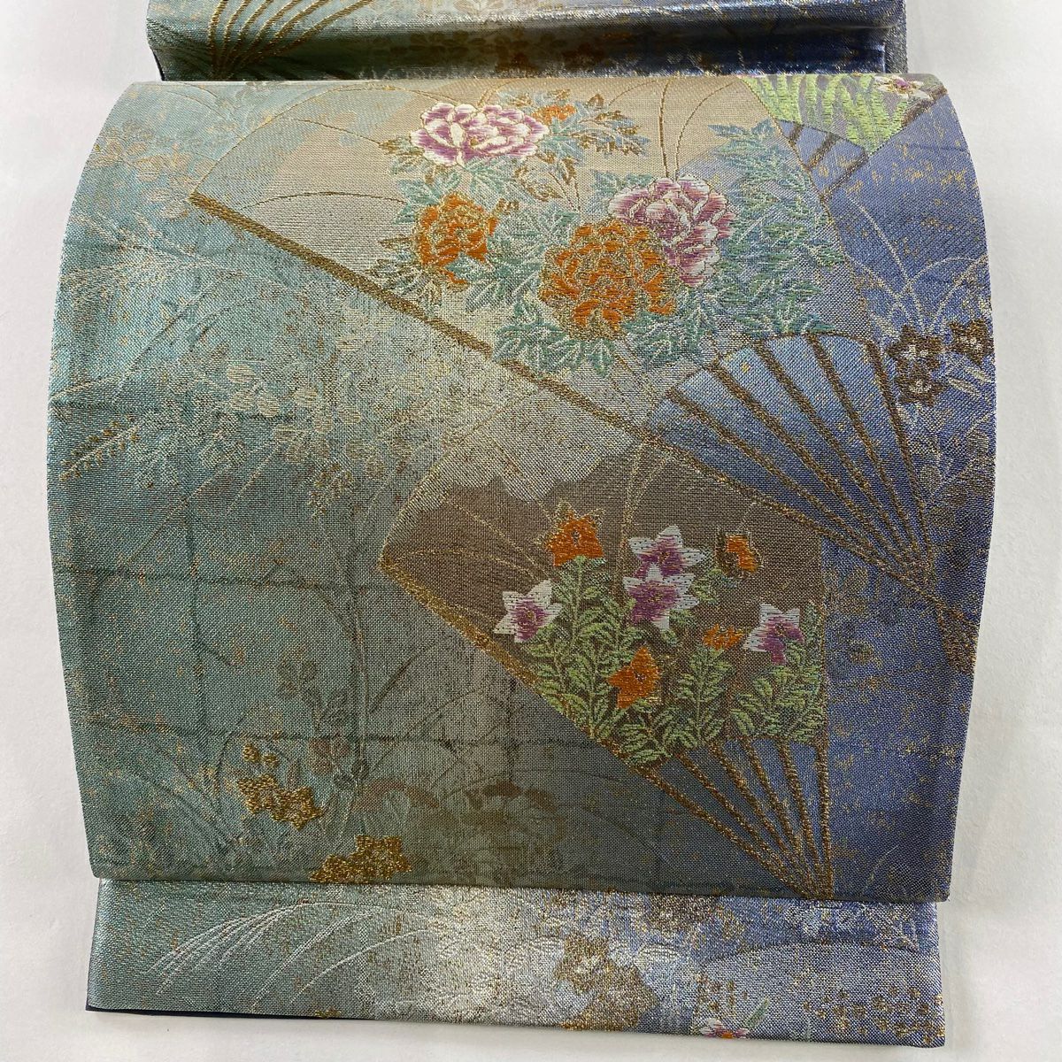 【美品】 袋帶 秀品級 扇子 草花紋 金金箔 金絲 青紫 六通 純蠶絲