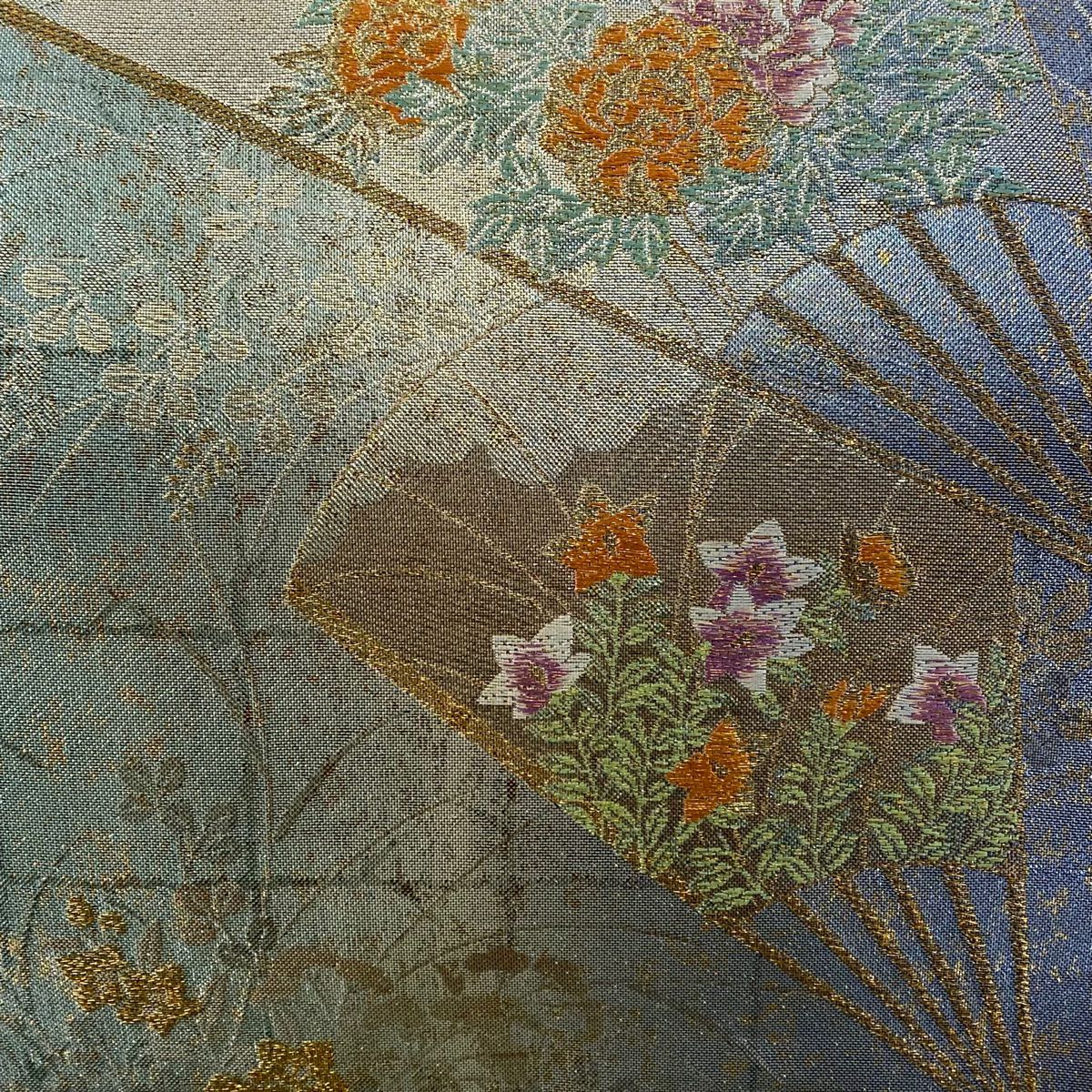 【美品】 袋帶 秀品級 扇子 草花紋 金金箔 金絲 青紫 六通 純蠶絲