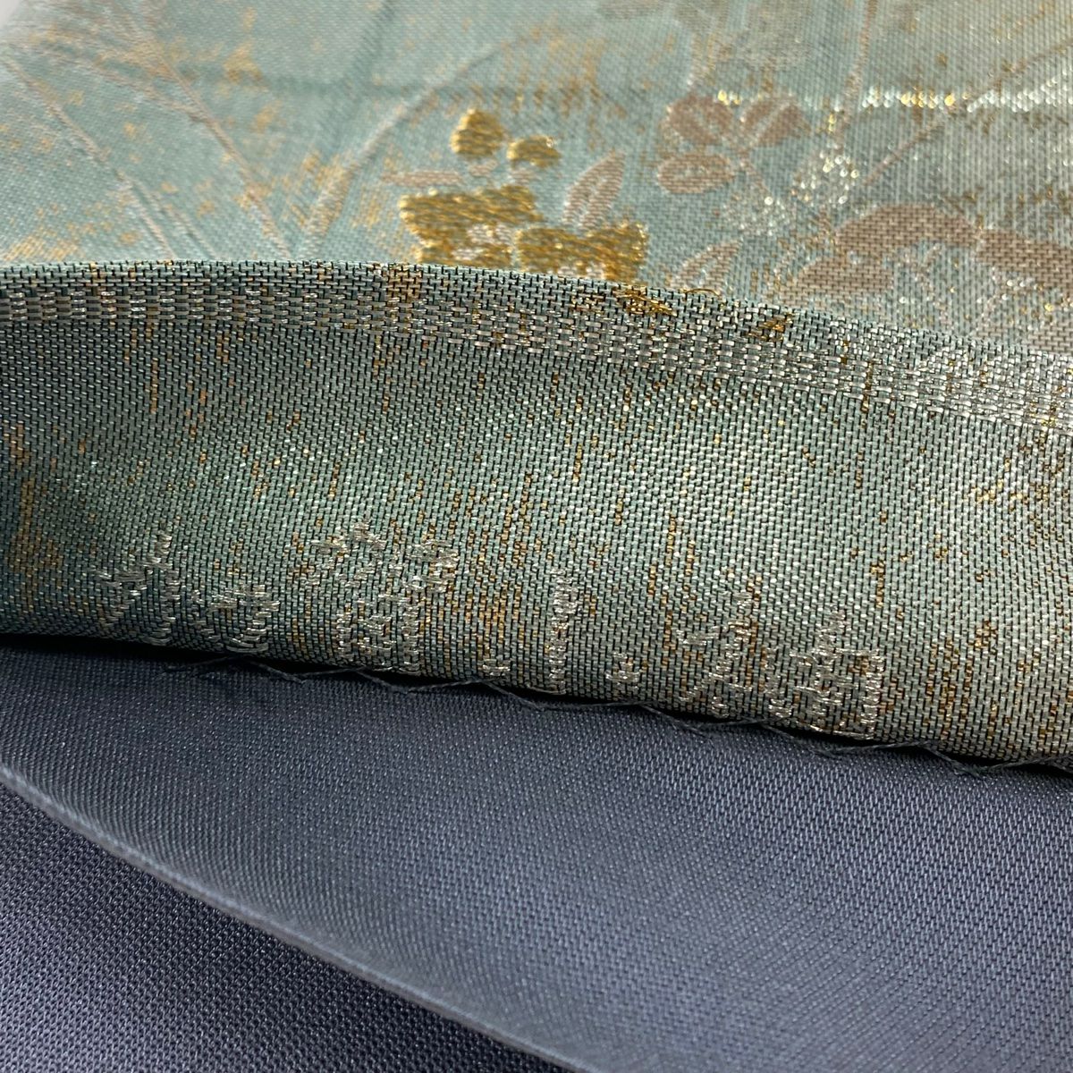 【美品】 袋帶 秀品級 扇子 草花紋 金金箔 金絲 青紫 六通 純蠶絲