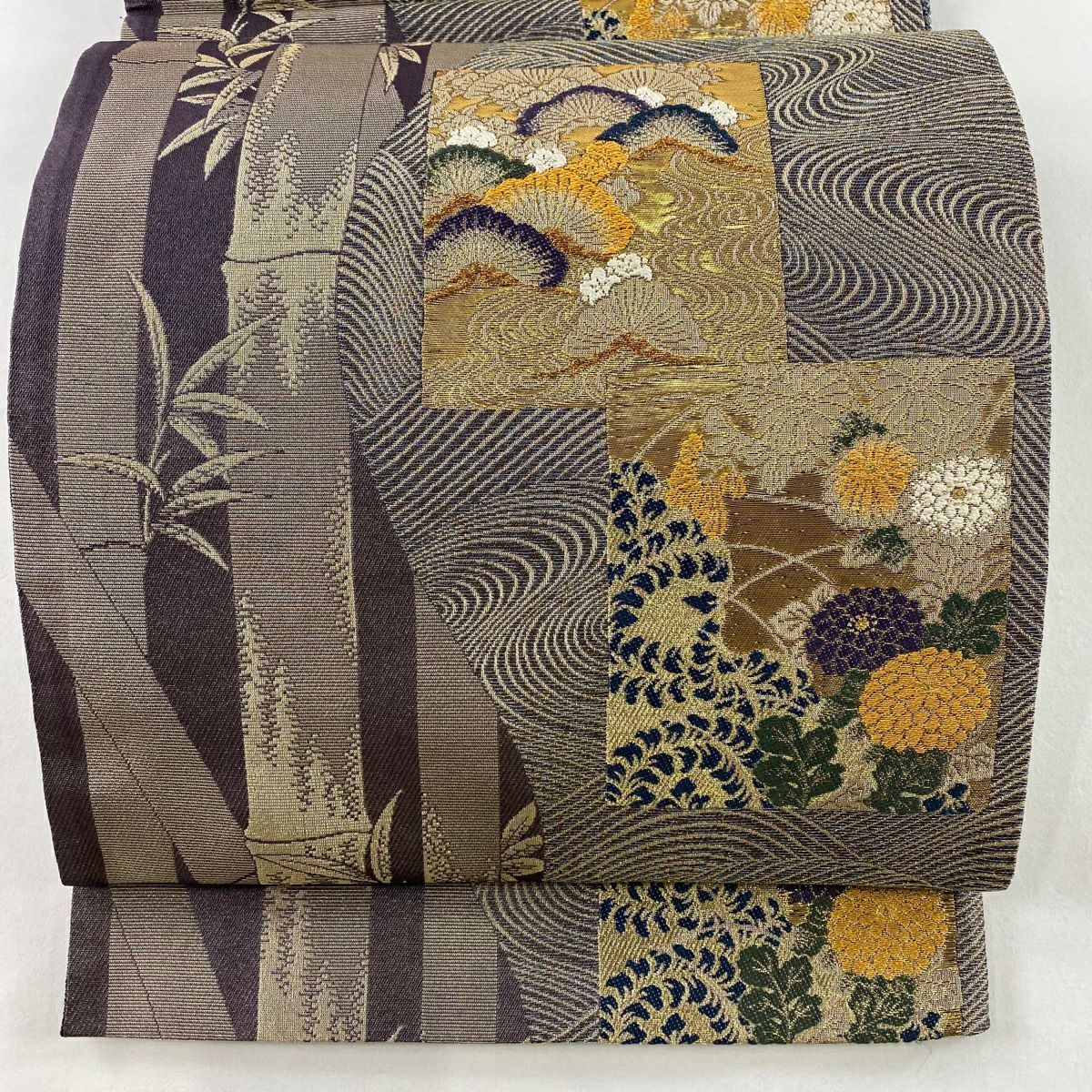 【美品】 袋帶 秀品級 色紙 菊花 金金箔 金絲 灰紫 六通 純蠶絲