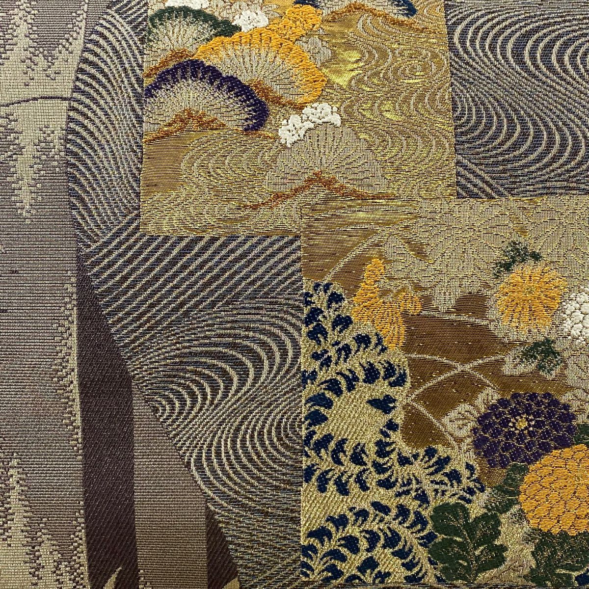 【美品】 袋帶 秀品級 色紙 菊花 金金箔 金絲 灰紫 六通 純蠶絲