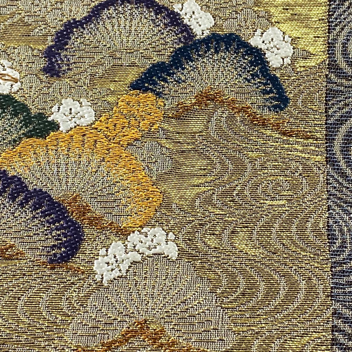 【美品】 袋帶 秀品級 色紙 菊花 金金箔 金絲 灰紫 六通 純蠶絲