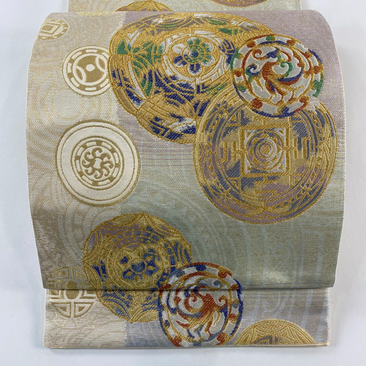 【庫存清倉】 【美品】 袋帶 名品級 じゅらく 有落款 圓紋 幾何學 金金箔 金銀線 奶油色 六通 純蠶絲