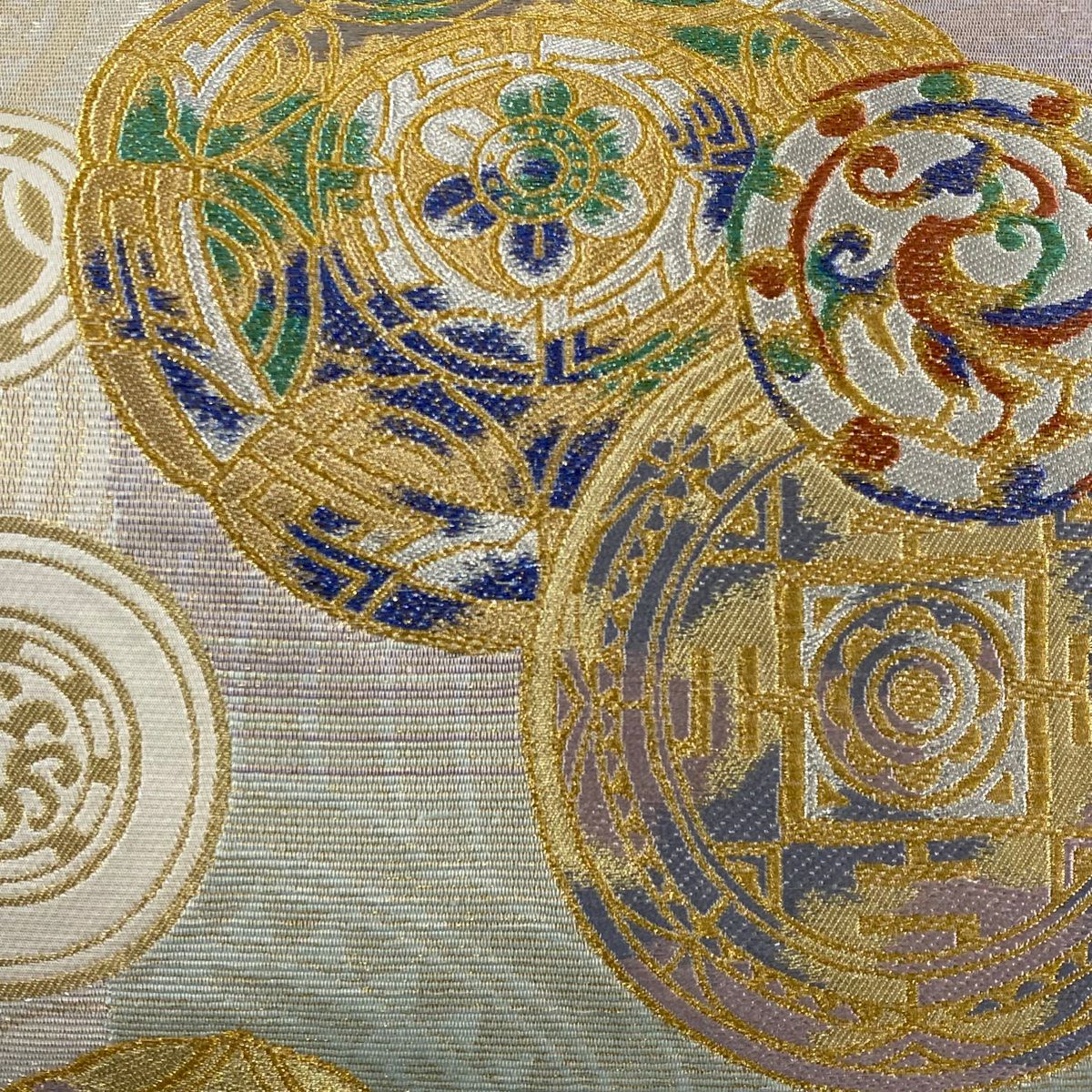 【庫存清倉】 【美品】 袋帶 名品級 じゅらく 有落款 圓紋 幾何學 金金箔 金銀線 奶油色 六通 純蠶絲