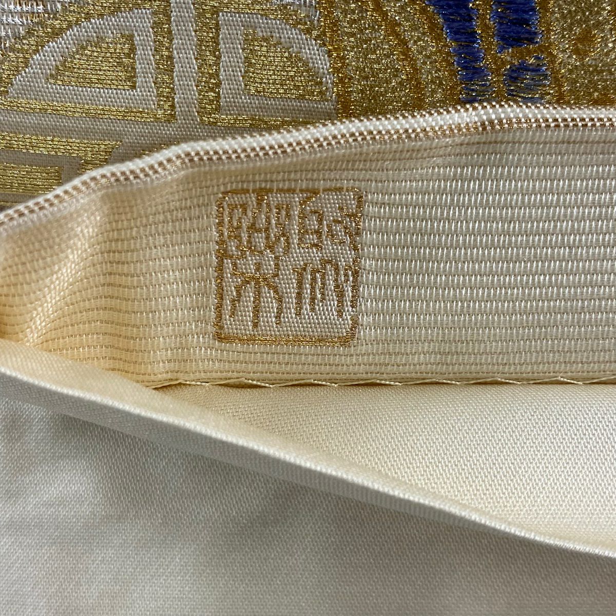 【庫存清倉】 【美品】 袋帶 名品級 じゅらく 有落款 圓紋 幾何學 金金箔 金銀線 奶油色 六通 純蠶絲