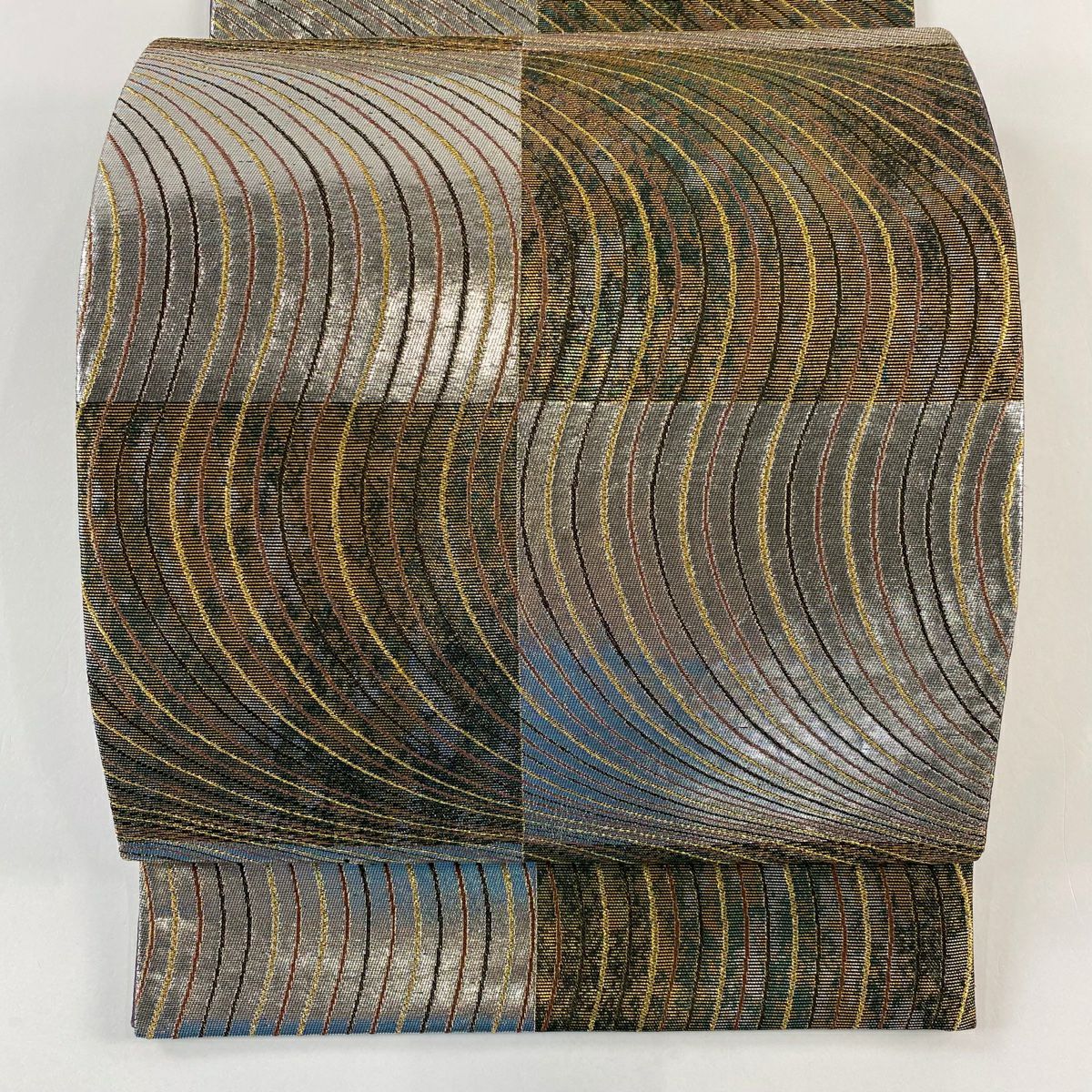 【庫存清倉】 【美品】 袋帶 名品級 市松樹 幾何學 金金箔 金絲 銀 六通 純蠶絲