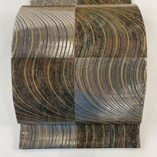 【庫存清倉】 【美品】 袋帶 名品級 市松樹 幾何學 金金箔 金絲 銀 六通 純蠶絲