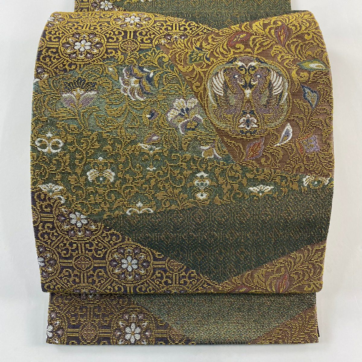 【庫存清倉】 【美品】 袋帶 名品級 向鳥 草花紋 金絲 灰綠 六通 純蠶絲