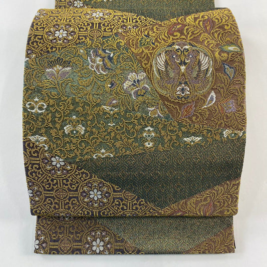 【庫存清倉】 【美品】 袋帶 名品級 向鳥 草花紋 金絲 灰綠 六通 純蠶絲