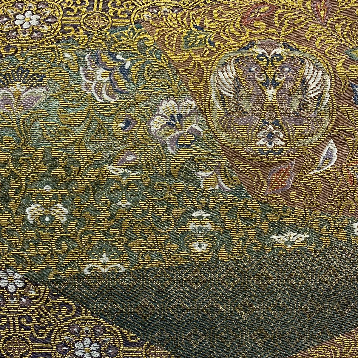 【庫存清倉】 【美品】 袋帶 名品級 向鳥 草花紋 金絲 灰綠 六通 純蠶絲
