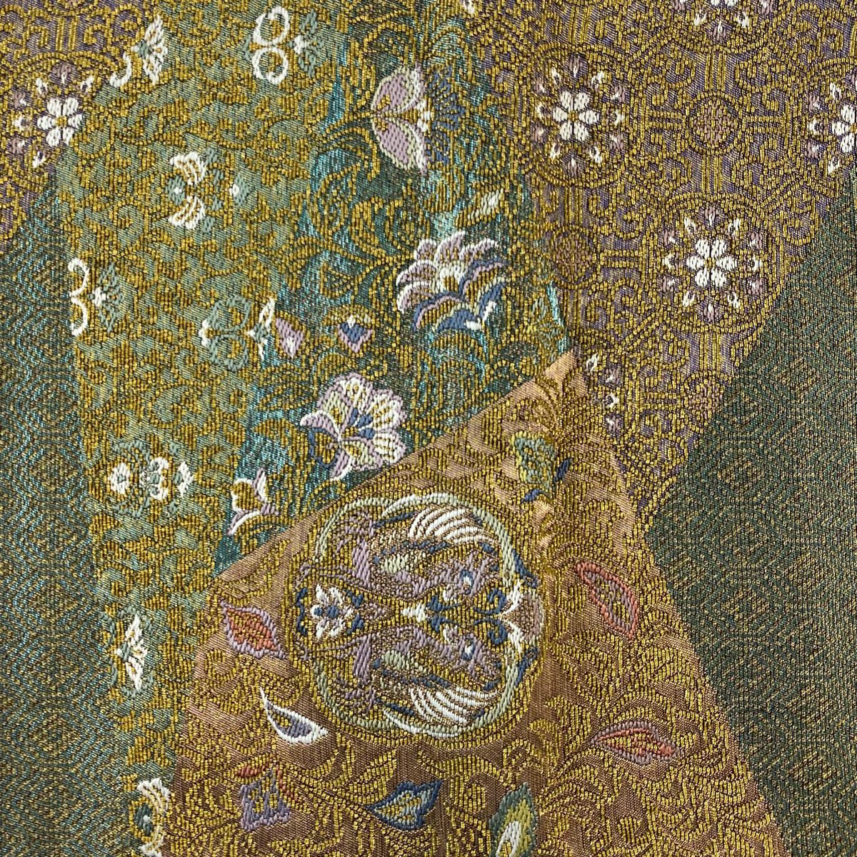 【庫存清倉】 【美品】 袋帶 名品級 向鳥 草花紋 金絲 灰綠 六通 純蠶絲