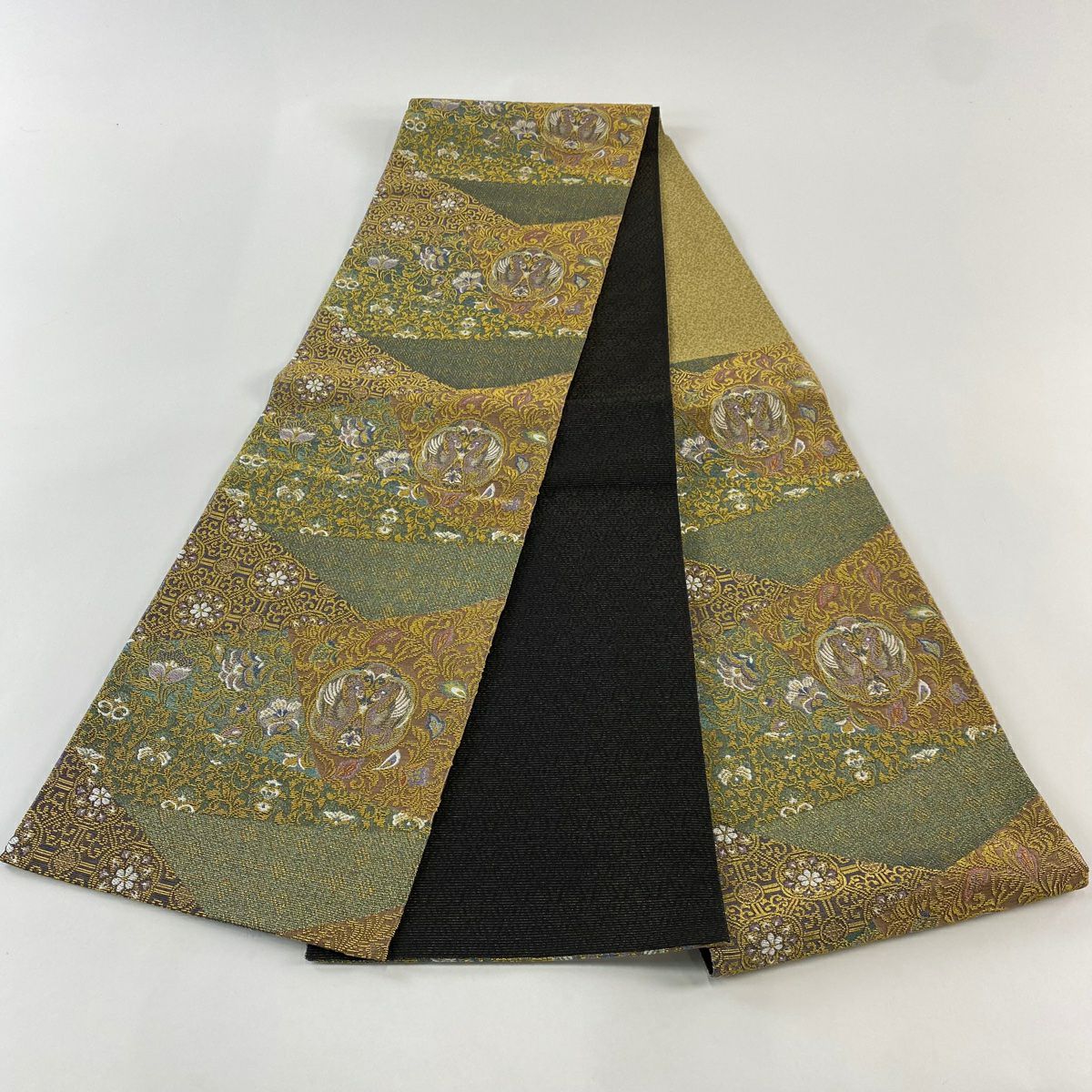 【庫存清倉】 【美品】 袋帶 名品級 向鳥 草花紋 金絲 灰綠 六通 純蠶絲