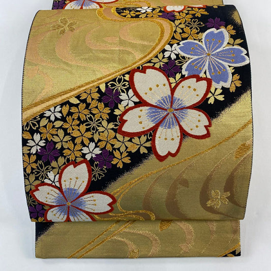 【庫存清倉】 【美品】 袋帶 名品級 樱花 流水 金絲 金金箔 金色 六通 純蠶絲