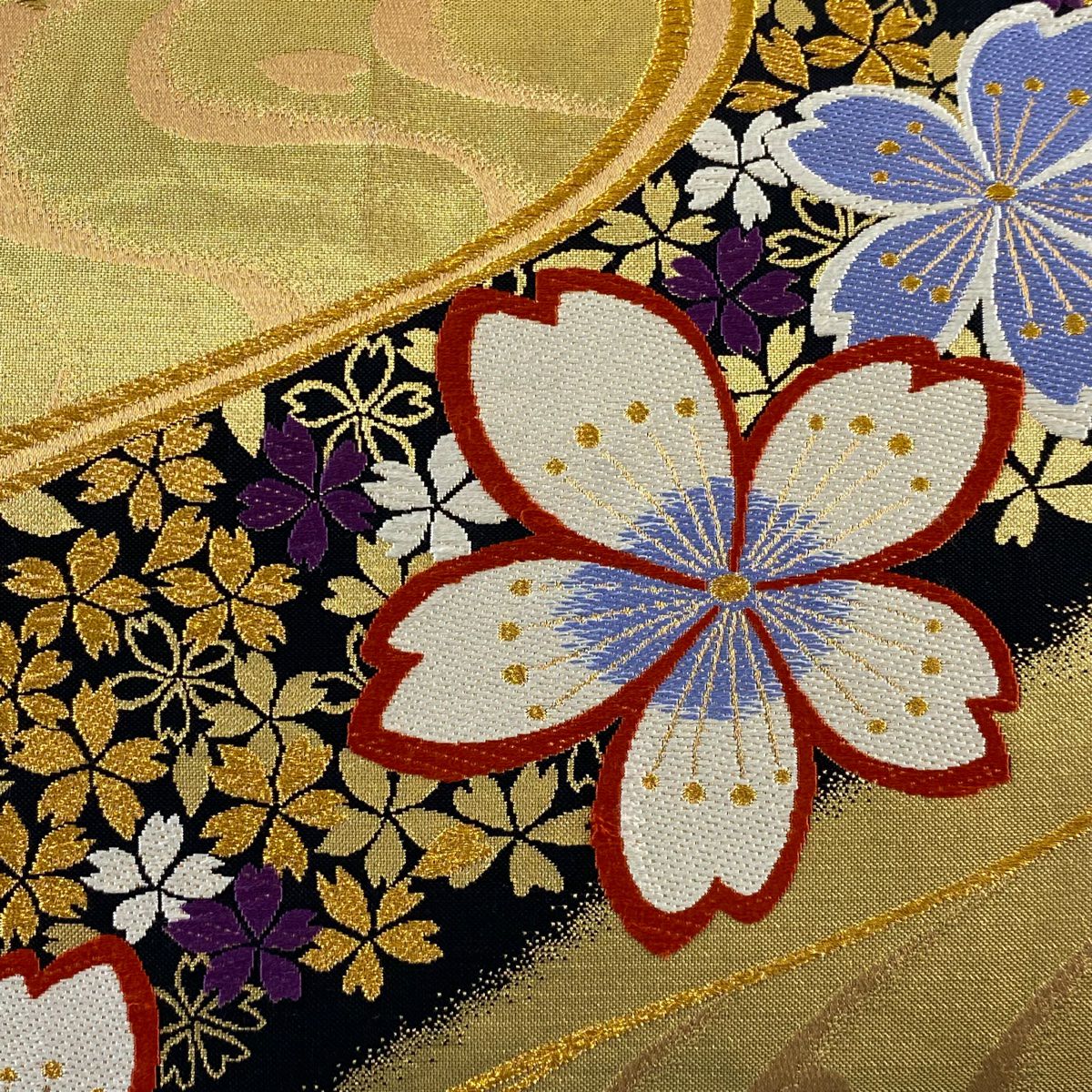 【庫存清倉】 【美品】 袋帶 名品級 樱花 流水 金絲 金金箔 金色 六通 純蠶絲