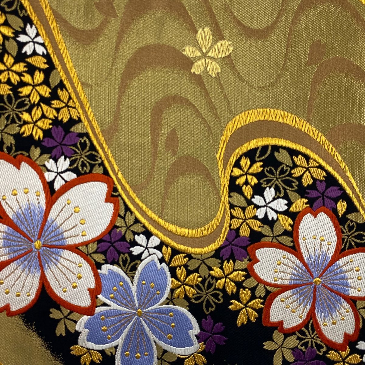 【庫存清倉】 【美品】 袋帶 名品級 樱花 流水 金絲 金金箔 金色 六通 純蠶絲