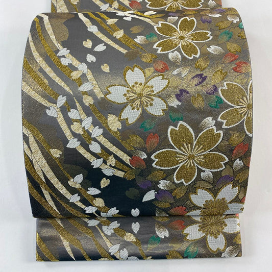 【庫存清倉】 【美品】 袋帶 名品級 献上的櫻花紋櫻花花瓣 金絲 金金箔 灰色 六通 純蠶絲