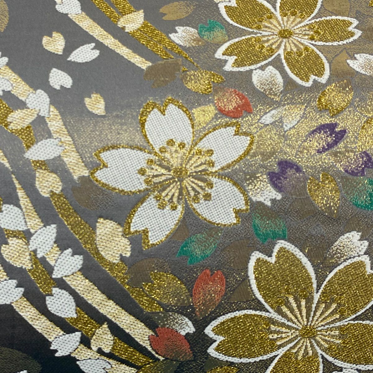 【庫存清倉】 【美品】 袋帶 名品級 献上的櫻花紋櫻花花瓣 金絲 金金箔 灰色 六通 純蠶絲