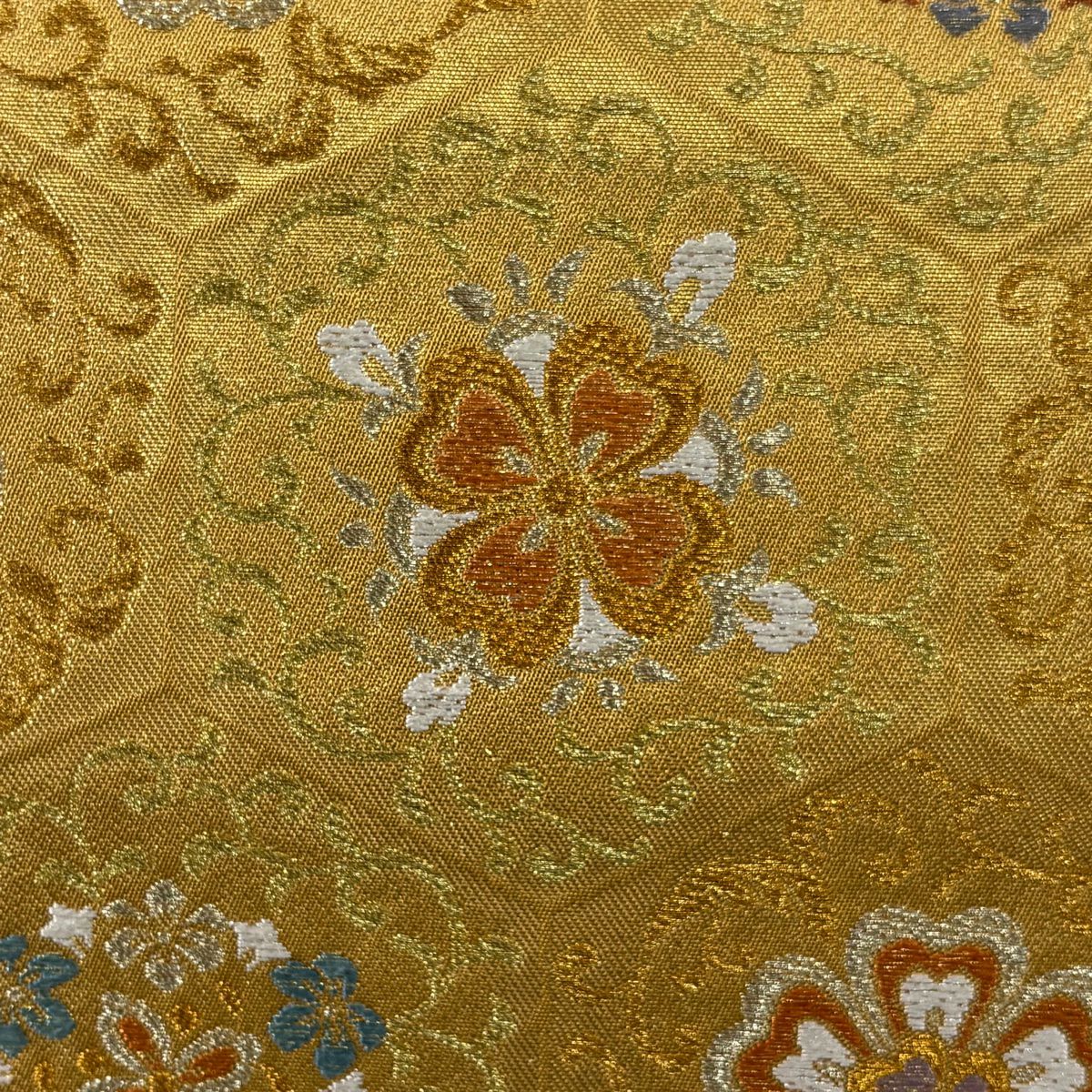 【美品】 袋帶 逸品級 川島織物 落款あり 華紋 金銀彩 金金箔 山吹茶 六通 純蠶絲