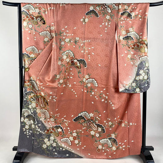 【美品】振袖禮服 身長165cm 袖長67.5cm L 雙層 松樹 櫻花 金絲 金銀彩 粉色 純蠶絲 秀品級