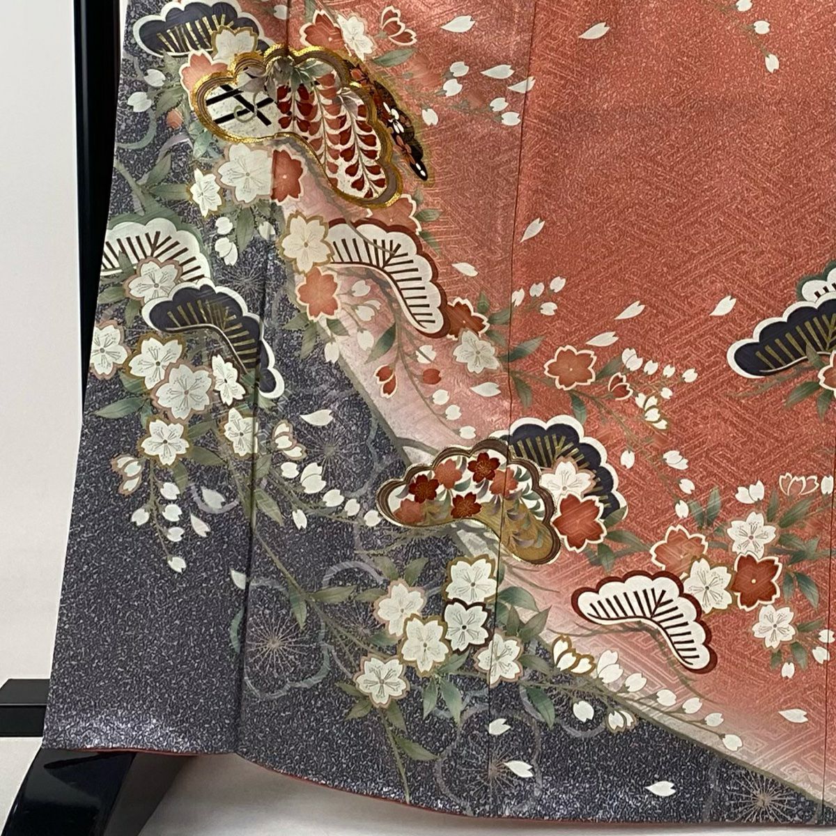 【美品】振袖禮服 身長165cm 袖長67.5cm L 雙層 松樹 櫻花 金絲 金銀彩 粉色 純蠶絲 秀品級