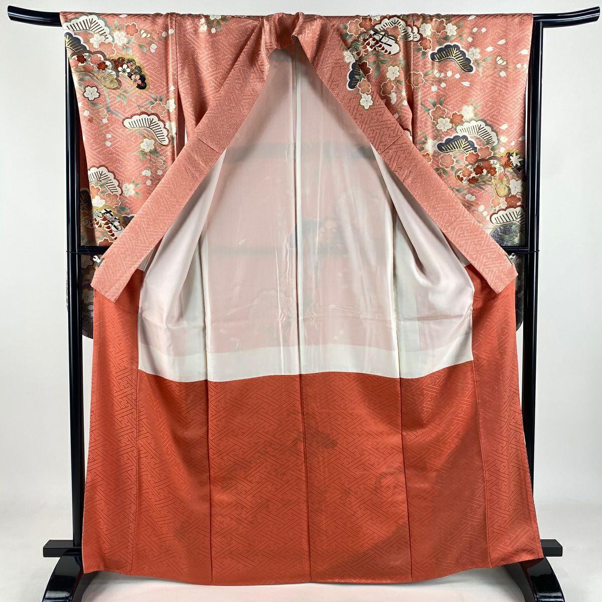 【美品】振袖禮服 身長165cm 袖長67.5cm L 雙層 松樹 櫻花 金絲 金銀彩 粉色 純蠶絲 秀品級