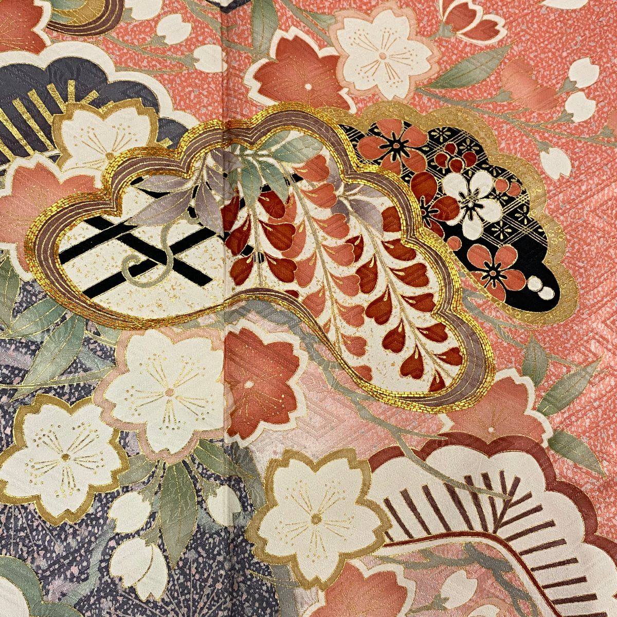 【美品】振袖禮服 身長165cm 袖長67.5cm L 雙層 松樹 櫻花 金絲 金銀彩 粉色 純蠶絲 秀品級