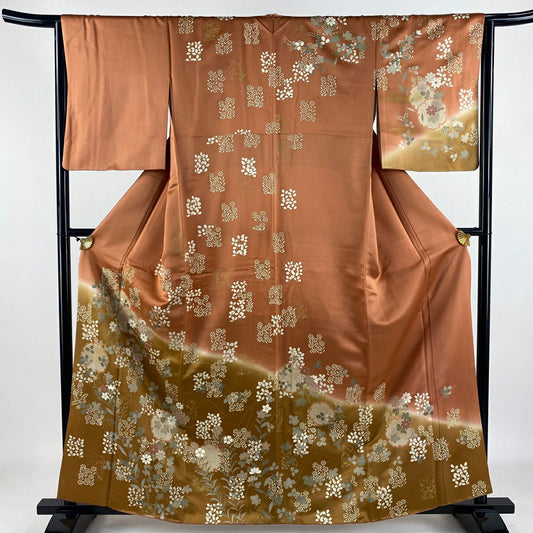 【美品】訪問服 身長160.5cm 袖長64.5cm M 雙層 雪輪 草花紋紋 銀線 金銀彩 橙色 純蠶絲 優品級