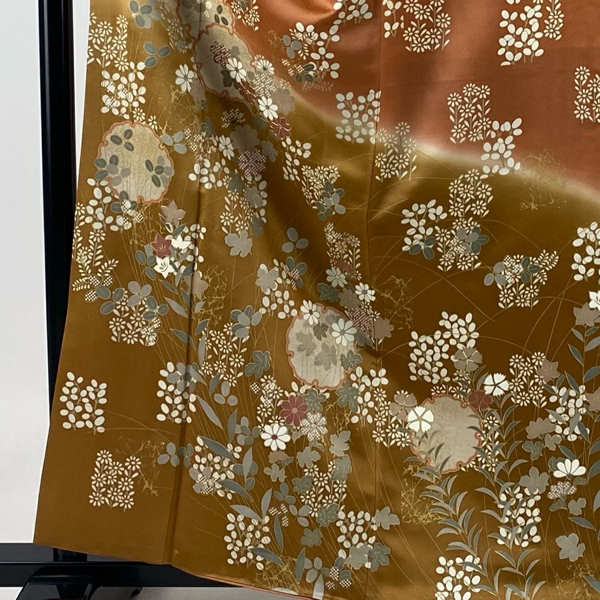 【美品】訪問服 身長160.5cm 袖長64.5cm M 雙層 雪輪 草花紋紋 銀線 金銀彩 橙色 純蠶絲 優品級