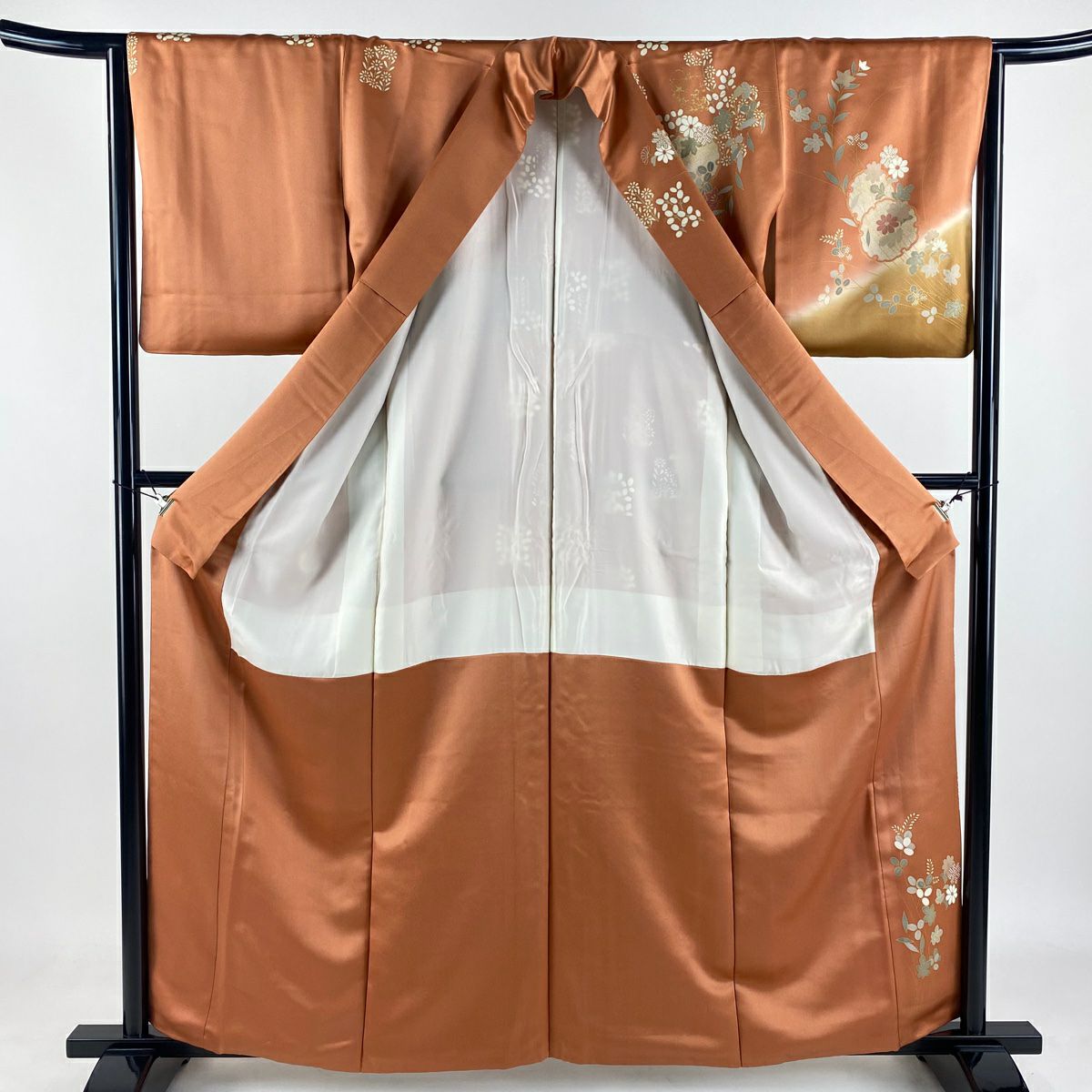 【美品】訪問服 身長160.5cm 袖長64.5cm M 雙層 雪輪 草花紋紋 銀線 金銀彩 橙色 純蠶絲 優品級