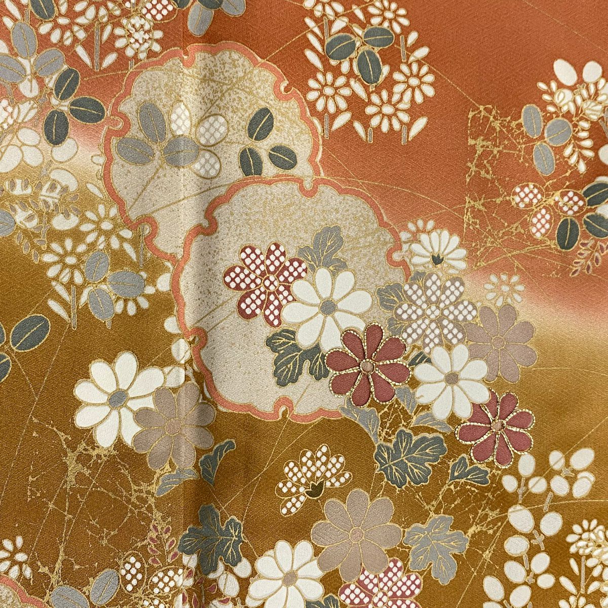【美品】訪問服 身長160.5cm 袖長64.5cm M 雙層 雪輪 草花紋紋 銀線 金銀彩 橙色 純蠶絲 優品級