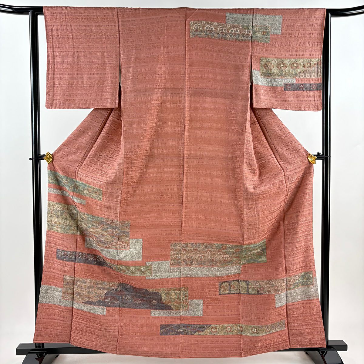 【美品】訪問服 身長162cm 袖長63.5cm S 雙層 草花紋紋 雪芝 金彩裝飾 粉米色 純蠶絲 秀品級