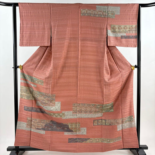 【美品】訪問服 身長162cm 袖長63.5cm S 雙層 草花紋紋 雪芝 金彩裝飾 粉米色 純蠶絲 秀品級