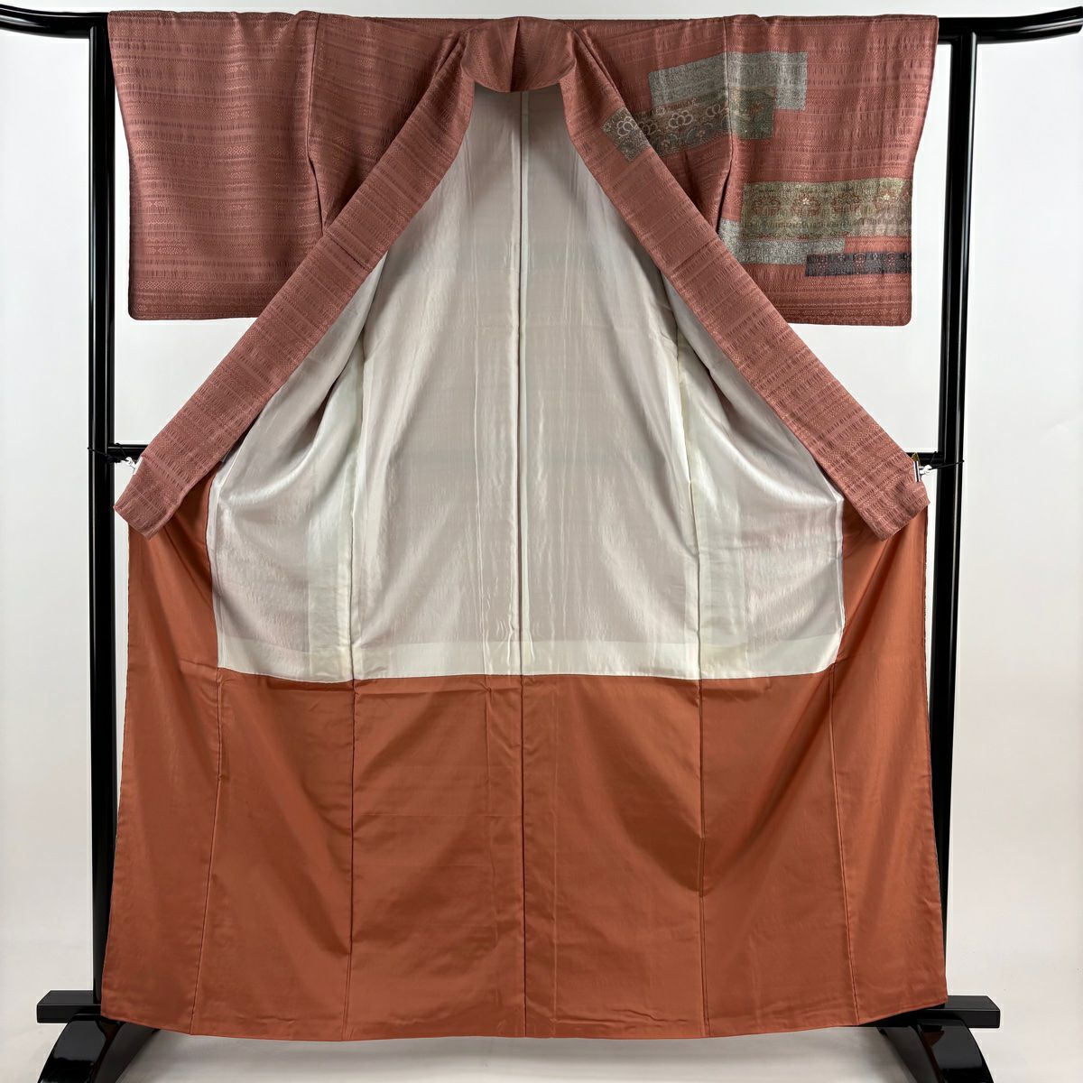 【美品】訪問服 身長162cm 袖長63.5cm S 雙層 草花紋紋 雪芝 金彩裝飾 粉米色 純蠶絲 秀品級