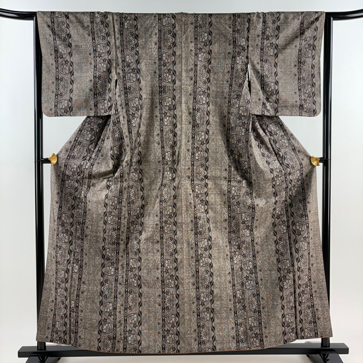 【美品】 紬織 身長158cm 袖長64.5cm M 雙層 花唐草紋 縱條 焦茶 純蠶絲 秀品級