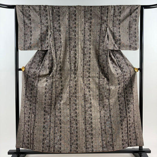 【美品】 紬織 身長158cm 袖長64.5cm M 雙層 花唐草紋 縱條 焦茶 純蠶絲 秀品級