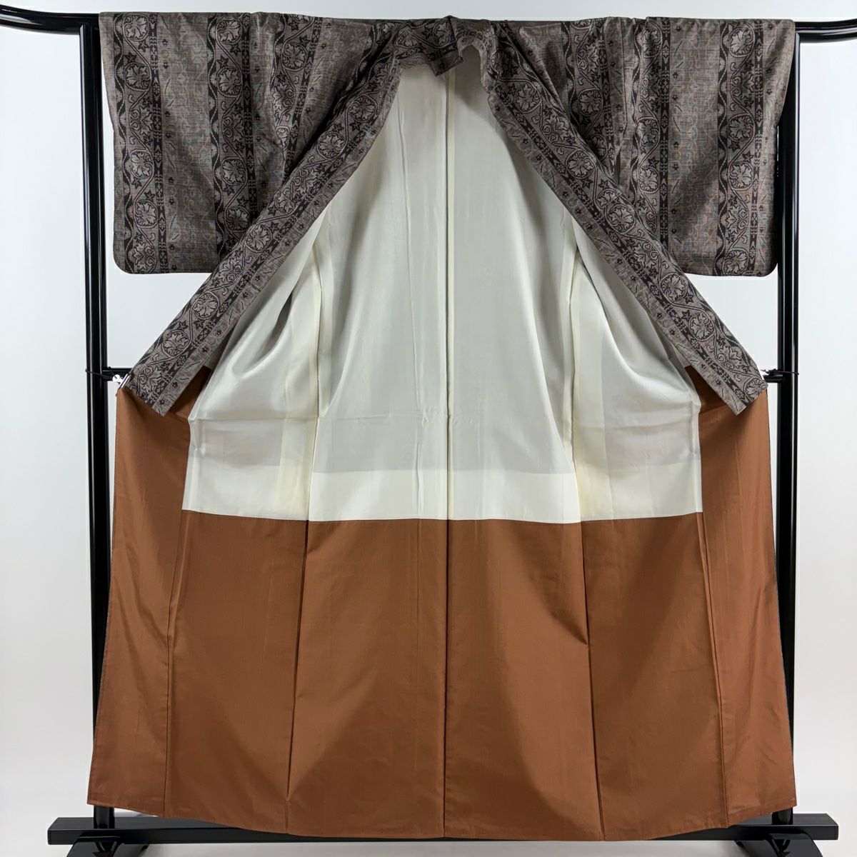 【美品】 紬織 身長158cm 袖長64.5cm M 雙層 花唐草紋 縱條 焦茶 純蠶絲 秀品級