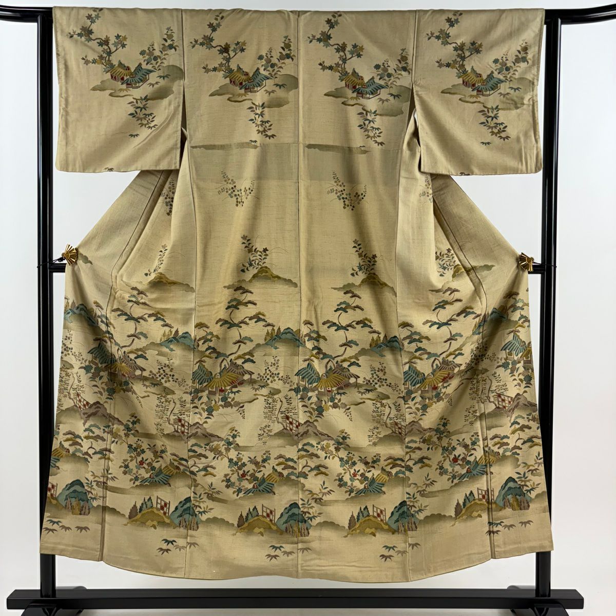 訪問服 身長152cm 袖長63.5cm S 雙層 紬織織 家屋 松樹 金銀彩 米色 純蠶絲 優品級