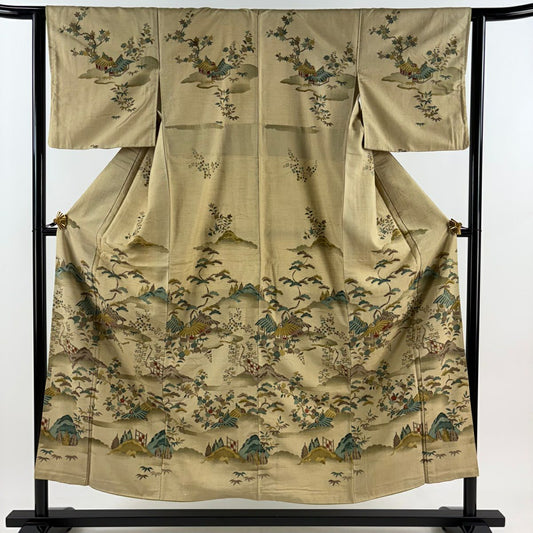 訪問服 身長152cm 袖長63.5cm S 雙層 紬織織 家屋 松樹 金銀彩 米色 純蠶絲 優品級