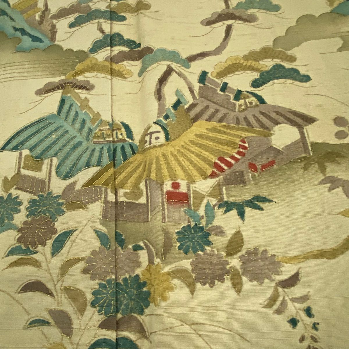 訪問服 身長152cm 袖長63.5cm S 雙層 紬織織 家屋 松樹 金銀彩 米色 純蠶絲 優品級