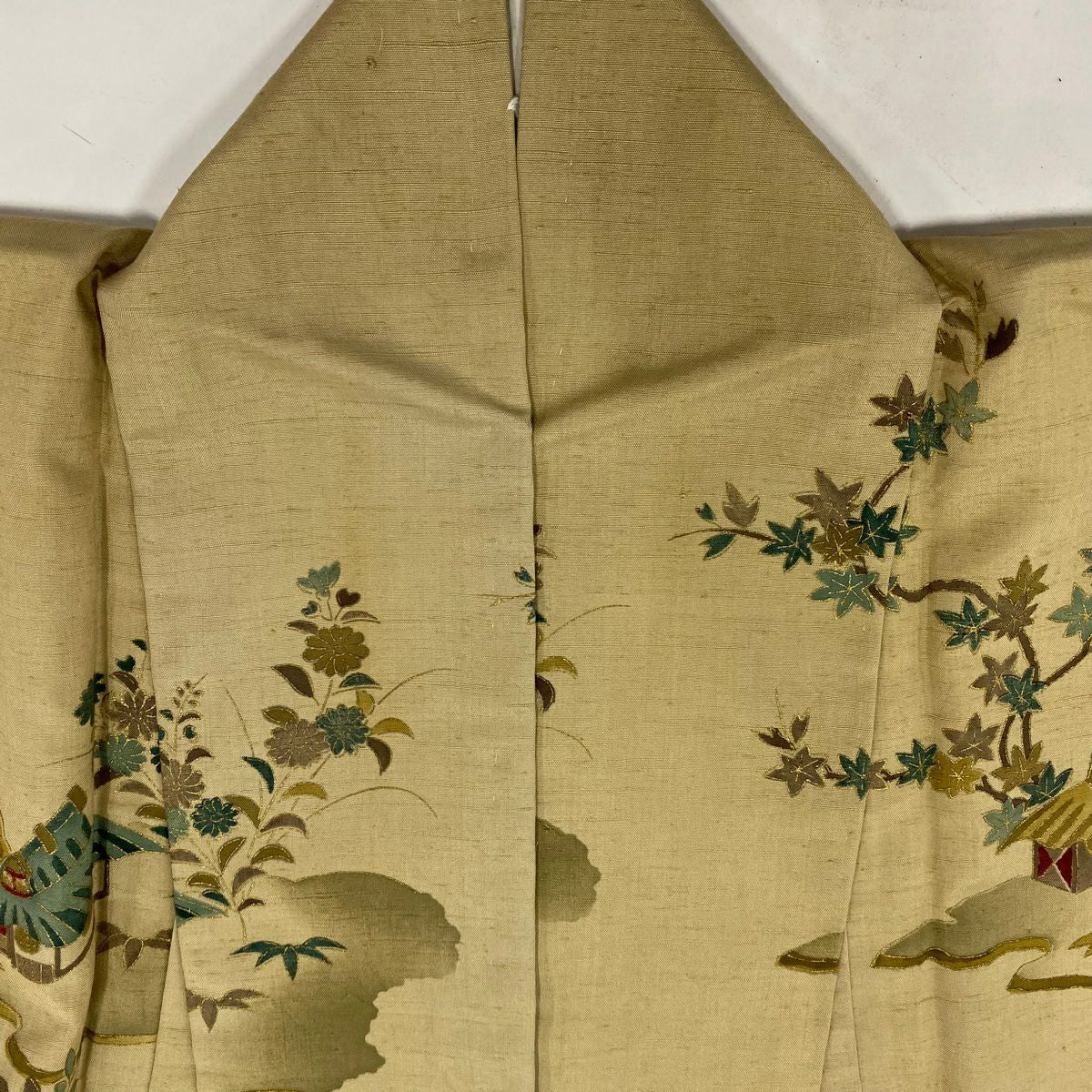 訪問服 身長152cm 袖長63.5cm S 雙層 紬織織 家屋 松樹 金銀彩 米色 純蠶絲 優品級