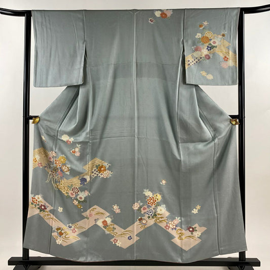訪問服 身長156cm 袖長64cm M 雙層 草花紋紋 有職文樣 金絲 金銀彩 青灰色 純蠶絲 秀品級