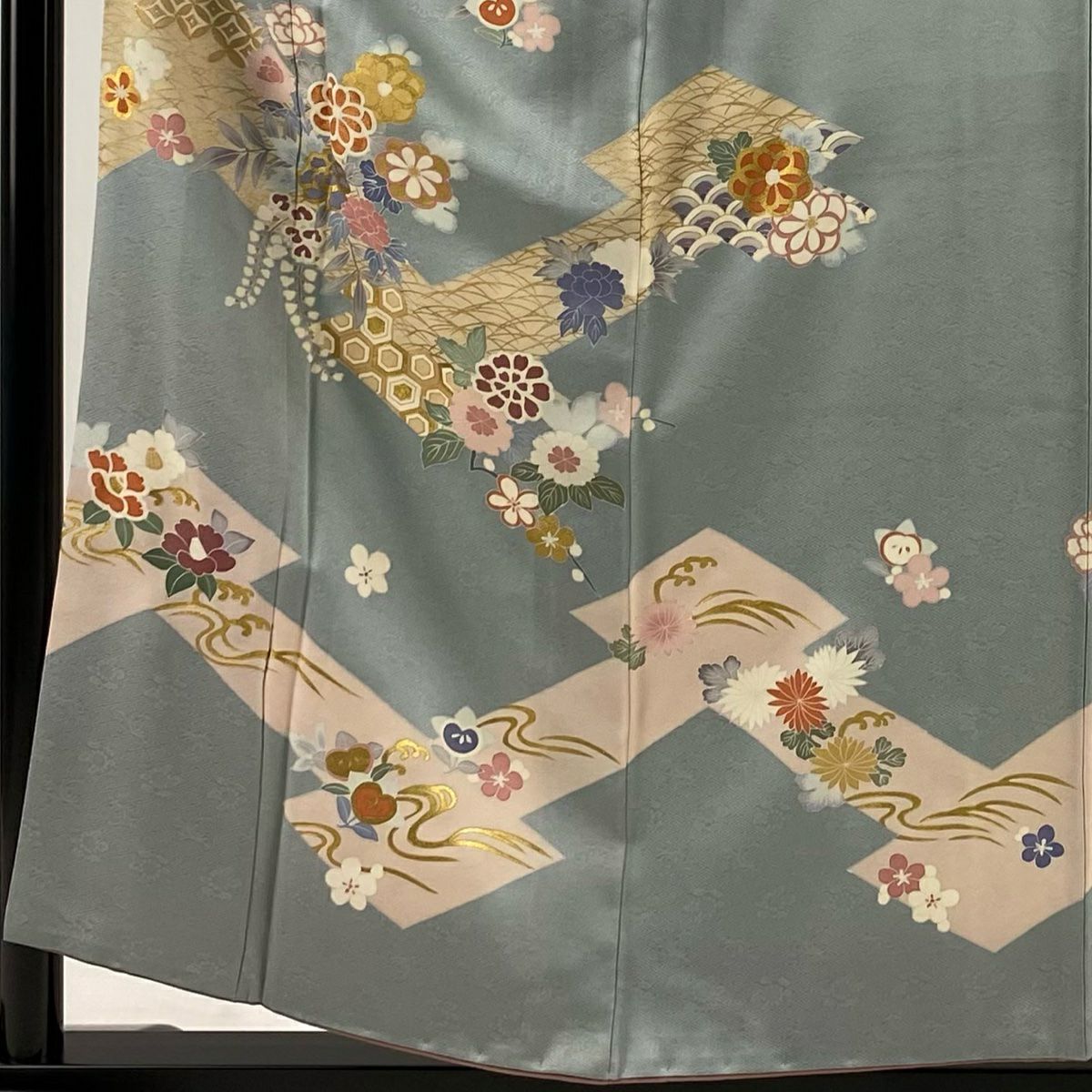 訪問服 身長156cm 袖長64cm M 雙層 草花紋紋 有職文樣 金絲 金銀彩 青灰色 純蠶絲 秀品級