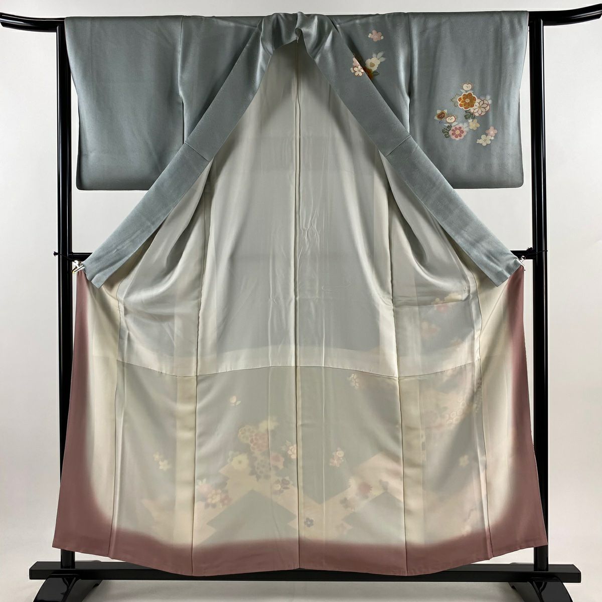 訪問服 身長156cm 袖長64cm M 雙層 草花紋紋 有職文樣 金絲 金銀彩 青灰色 純蠶絲 秀品級