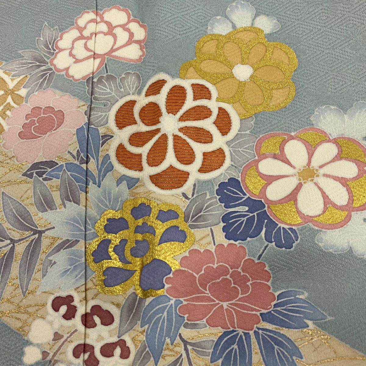 訪問服 身長156cm 袖長64cm M 雙層 草花紋紋 有職文樣 金絲 金銀彩 青灰色 純蠶絲 秀品級