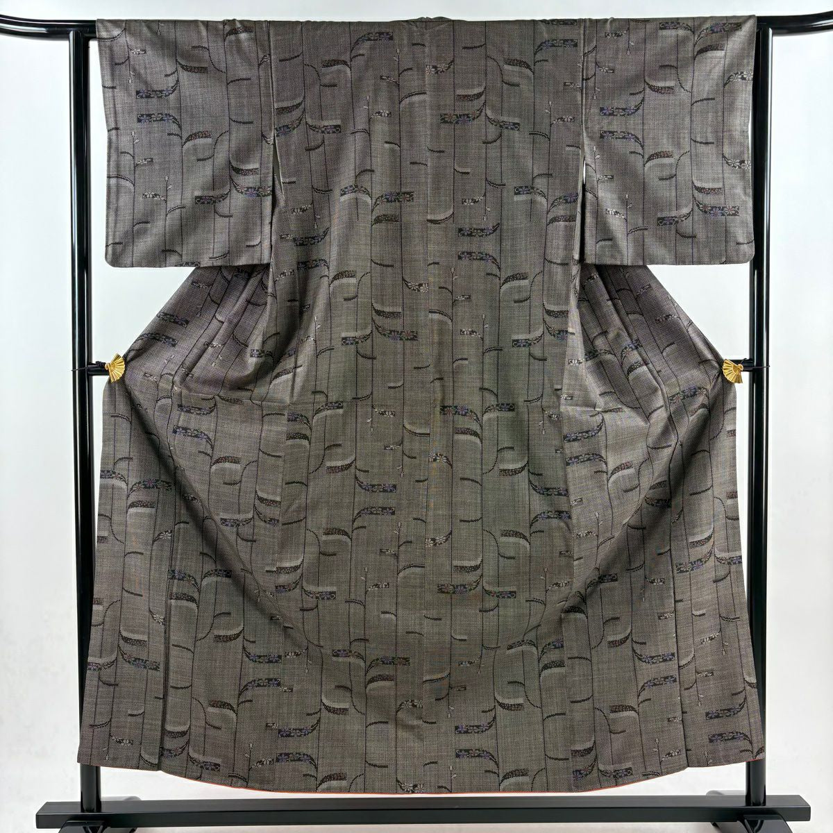 【美品】 紬織 身長155cm 袖長63cm S 雙層 草花紋紋 幾何學圖案 焦茶 純蠶絲 秀品級
