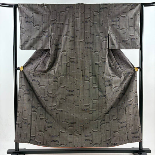 【美品】 紬織 身長155cm 袖長63cm S 雙層 草花紋紋 幾何學圖案 焦茶 純蠶絲 秀品級